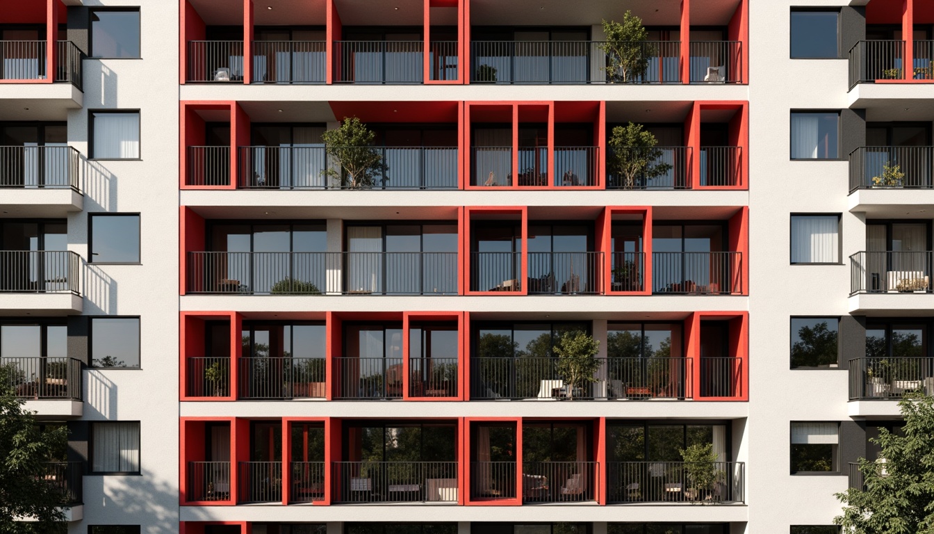 Prompt: Geometric apartment building, constructivist facade, bold red accents, industrial metal frames, rectangular windows, minimalist balconies, urban cityscape, concrete textures, brutalist architecture, functional design, modernist influences, abstract patterns, monochromatic color scheme, dramatic shadows, high-contrast lighting, 1/1 composition, symmetrical framing, realistic materials, ambient occlusion.