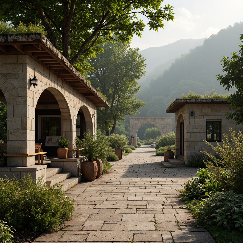 Prompt: Rustic charging station, Romanesque arches, stone walls, green roofs, lush vines, blooming flowers, natural stone pavement, ornate metal lanterns, warm soft lighting, misty morning atmosphere, shallow depth of field, 1/1 composition, symmetrical framing, realistic textures, ambient occlusion, rolling hills, serene countryside, meandering paths, ancient trees, weathered wooden benches, decorative ironwork, intricate carvings.