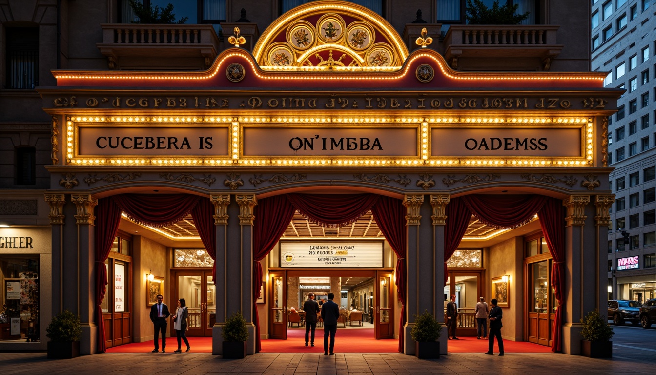 Prompt: Ornate cinema facade, vintage signage, decorative cornices, grand entranceways, red carpeting, golden accents, luxurious drapery, ornamental columns, intricate moldings, cinematic lighting, warm color palette, shallow depth of field, 1/1 composition, symmetrical framing, realistic textures, ambient occlusion, urban cityscape, bustling streets, nighttime atmosphere, soft focus background.