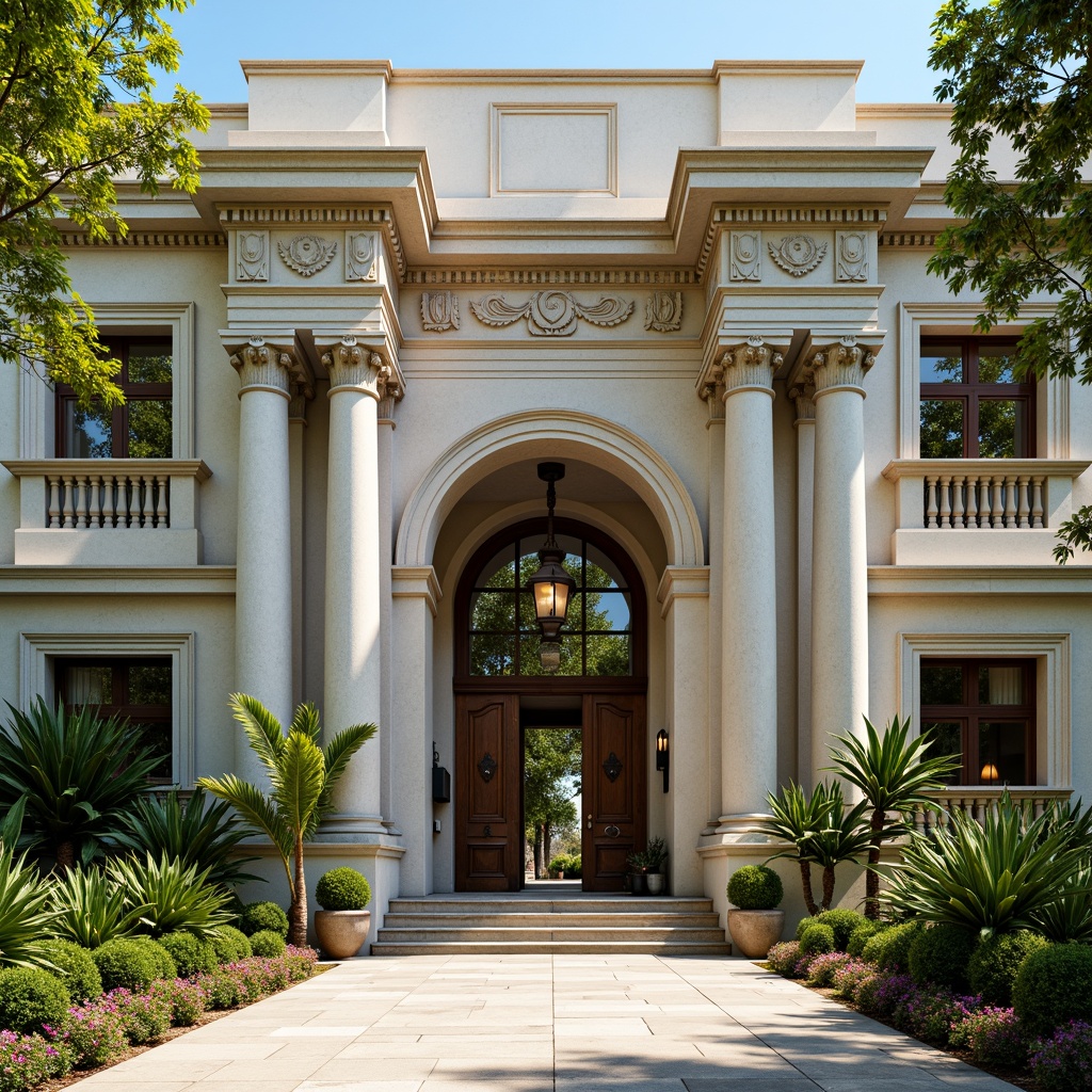 Prompt: Grand zoo entrance, neoclassical facade, ornate columns, carved stone details, symmetrical architecture, majestic archways, intricate moldings, rustic wooden doors, vintage metal lanterns, lush greenery, tropical plants, exotic flowers, sunny day, warm soft lighting, shallow depth of field, 3/4 composition, panoramic view, realistic textures, ambient occlusion.