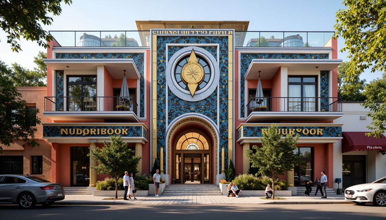 Prompt: Vibrant community center, Art Deco inspired facade, ornate metalwork, geometric patterns, bold typography, bright color scheme, glazed ceramic tiles, intricate mosaics, grand entrance, sweeping archways, ornamental columns, luxurious materials, ambient lighting, shallow depth of field, 1/1 composition, realistic textures, soft warm glow, sunny day, urban landscape, bustling streets, eclectic neighborhood.