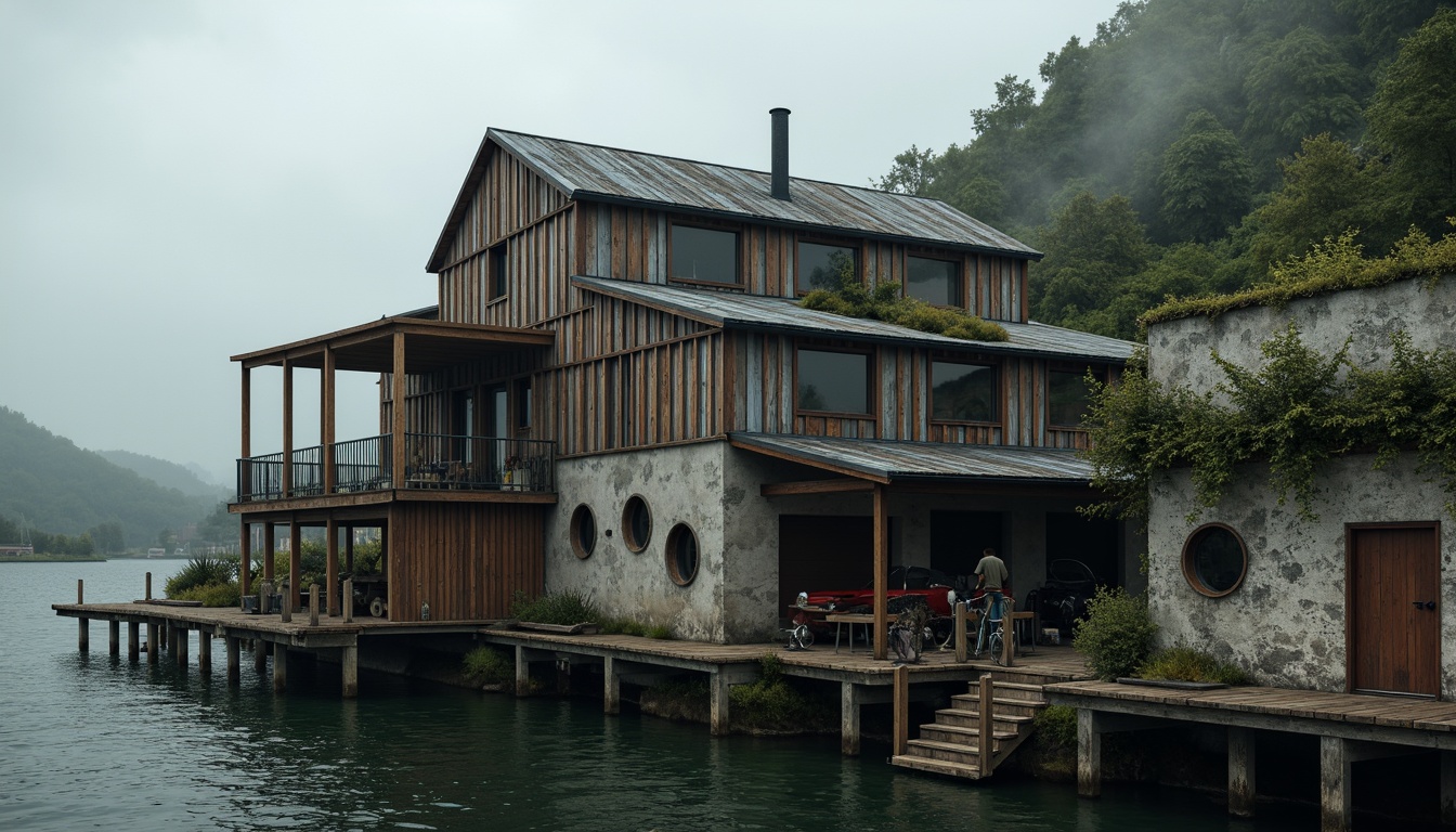 Prompt: Rugged boathouse, weathered wood planks, rusty metal accents, rough-hewn stone walls, moss-covered roofs, brutalist architecture, industrial chic, distressed textures, worn wooden docks, nautical ropes, porthole windows, corrugated metal cladding, raw concrete foundations, overcast skies, dramatic shadows, high-contrast lighting, cinematic composition, atmospheric mist, realistic water reflections.