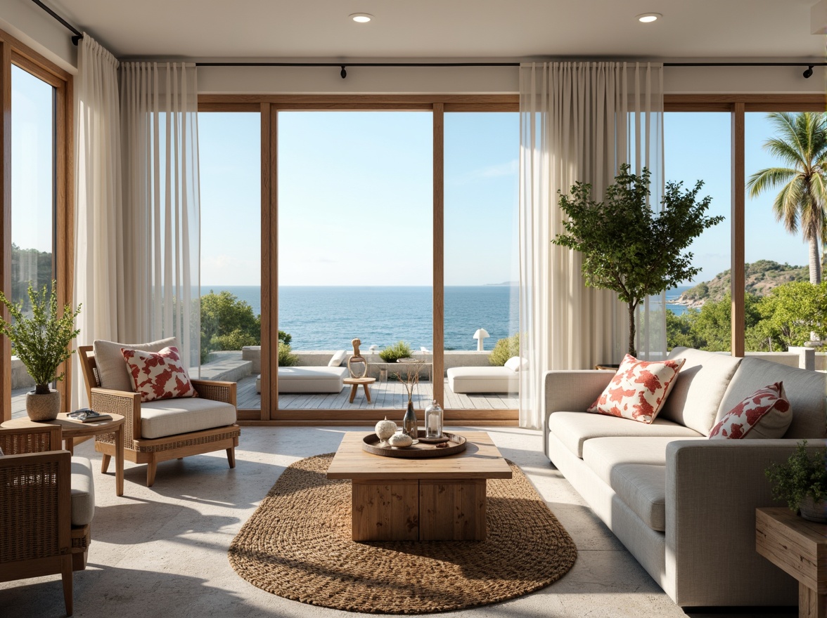 Prompt: Coastal living room, ocean-inspired color palette, driftwood accents, natural textiles, woven sea grass rugs, coral-patterned throw pillows, nautical-themed decorative objects, floor-to-ceiling windows, sliding glass doors, beachy vibe, soft warm lighting, shallow depth of field, 3/4 composition, panoramic view, realistic textures, ambient occlusion, modern minimalist furniture, reclaimed wood coffee table, comfortable linen sofas, ocean-breeze sound effects.