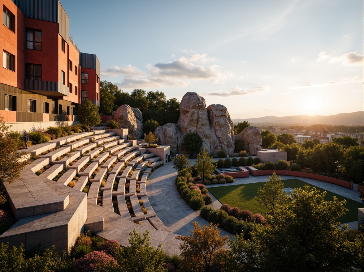 Prompt: Grand amphitheater, postmodern architecture, irregular shapes, fragmented forms, bold colors, eclectic materials, rugged stone walls, distressed wood accents, undulating terrain, lush greenery, meandering pathways, scenic overlooks, dramatic lighting, warm sunset glow, shallow depth of field, 1/2 composition, cinematic view, realistic textures, ambient occlusion.