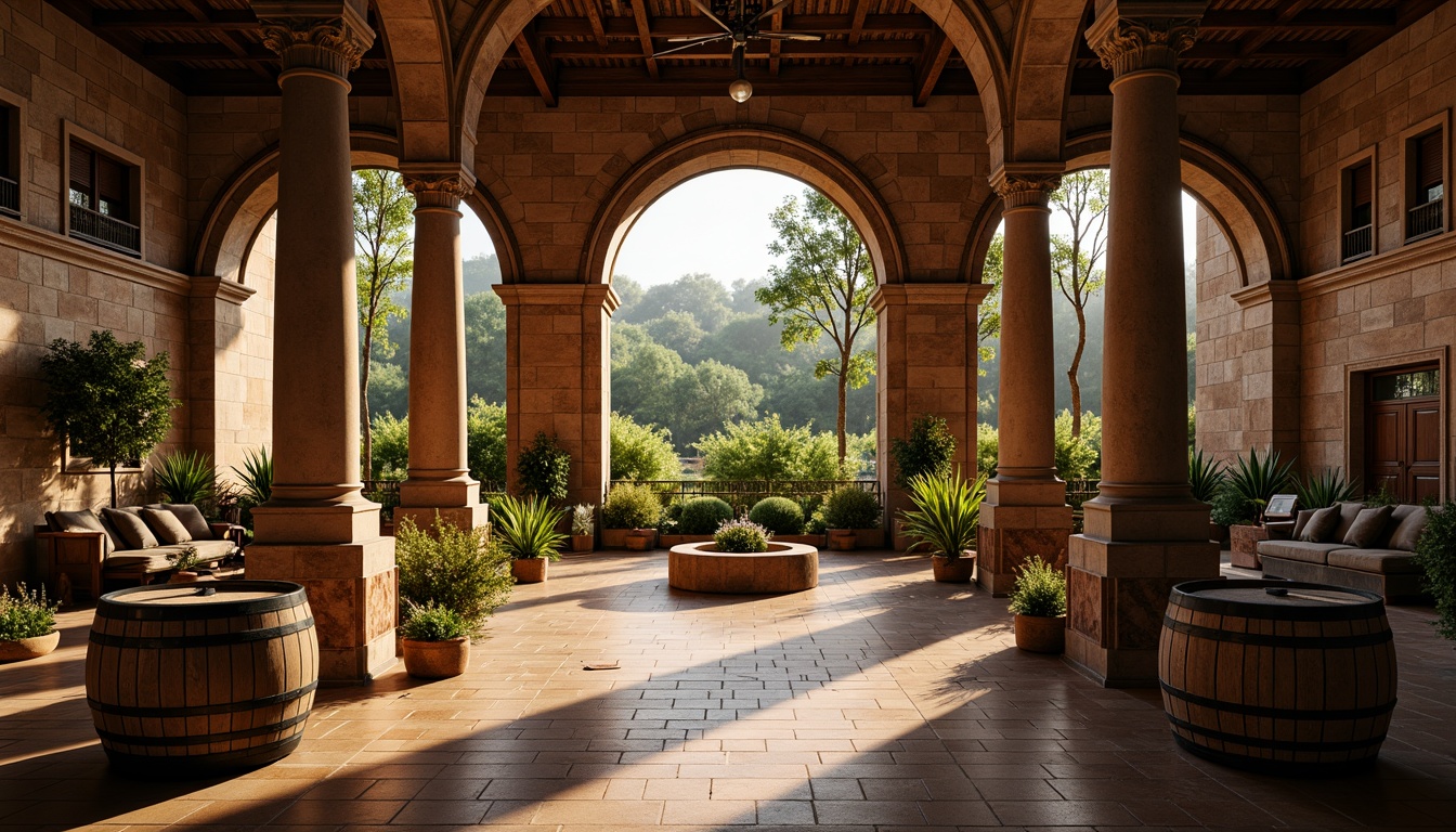 Prompt: Ornate winery, Baroque-style columns, grand archways, rustic stone walls, wooden barrel accents, vineyard views, lush greenery, golden lighting, warm atmosphere, rich wood tones, intricate carvings, ornamental metalwork, curved lines, dramatic shadows, low-angle shot, 1/2 composition, soft focus, ambient occlusion.