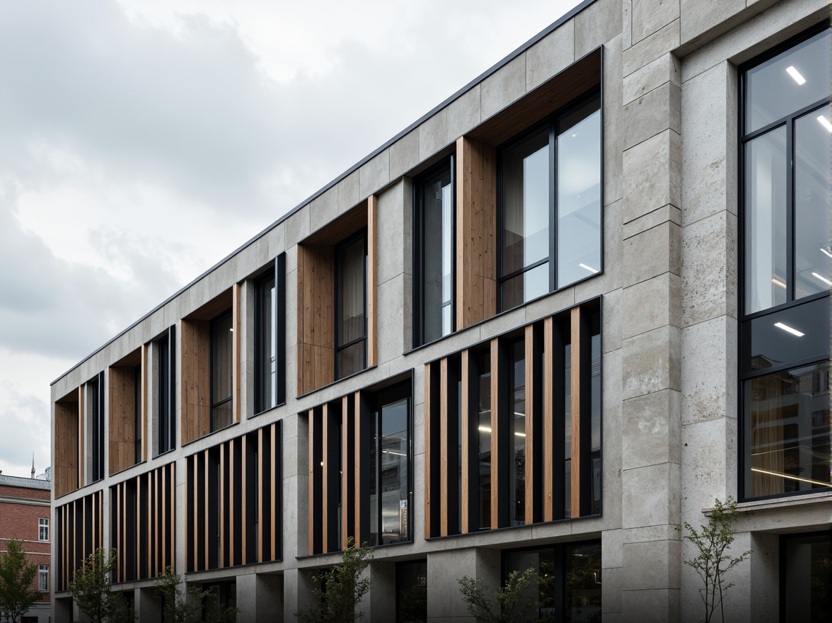 Prompt: Modern building facade, sleek metal cladding, reflective glass surfaces, rough concrete walls, natural stone textures, wooden accents, industrial chic aesthetic, urban cityscape, cloudy grey sky, soft diffused lighting, shallow depth of field, 3/4 composition, realistic renderings, ambient occlusion.