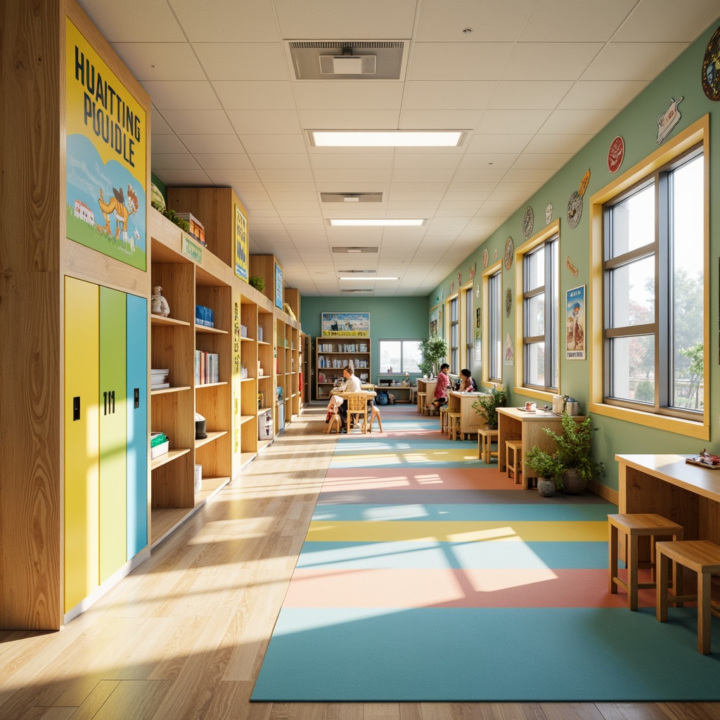 Prompt: Vibrant elementary school, playful kindergarten, bright corridors, stimulating classrooms, educational murals, motivational quotes, colorful lockers, lively cafeterias, energetic playgrounds, fun climbing walls, interactive whiteboards, collaborative learning spaces, natural wood accents, cheerful yellow tones, soothing blue hues, calming green shades, warm beige textures, soft pastel colors, gentle gradient effects, subtle texture overlays, 1/1 composition, shallow depth of field, realistic renderings.