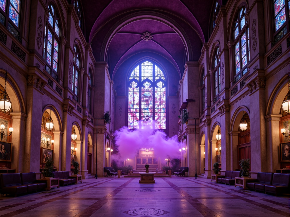 Prompt: Rich amethyst hues, luxurious velvet textures, ornate Gothic arches, grandiose cathedral ceilings, mystical purple mist, lavish jewel-toned accents, regal crown molding, opulent marble floors, intricate stone carvings, majestic stained glass windows, warm golden lighting, dramatic shadows, 1/2 composition, low-angle shot, cinematic atmosphere, realistic reflections.