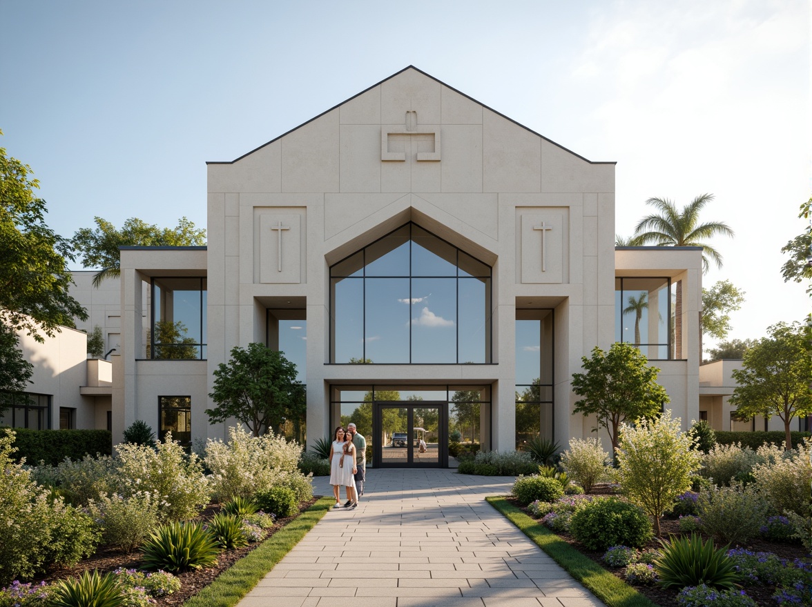 Prompt: Minimalist church facade, clean lines, rectangular forms, large glass windows, steel frames, modern cross designs, subtle stone accents, neutral color palette, natural light illumination, shallow depth of field, 3/4 composition, panoramic view, realistic textures, ambient occlusion, serene atmosphere, peaceful surroundings, lush greenery, blooming flowers, sunny day, soft warm lighting.