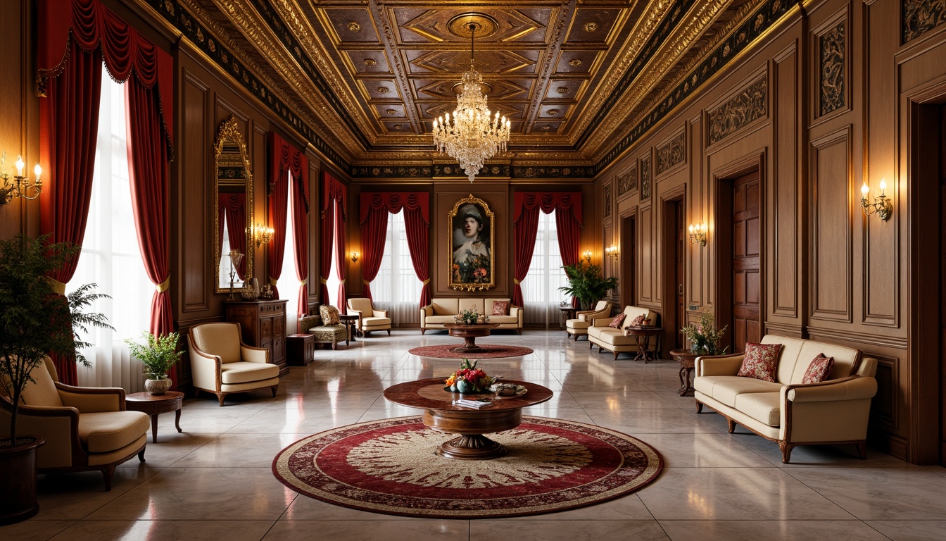 Prompt: Luxurious apartment interior, ornate Renaissance-style furnishings, intricately carved wooden panels, gilded accents, velvet drapes, crystal chandeliers, marble flooring, richly patterned rugs, opulent fabrics, golden lighting fixtures, grandiose ceiling designs, lavish decorative moldings, classical columns, arched windows, soft warm lighting, shallow depth of field, 1/1 composition, realistic textures, ambient occlusion.