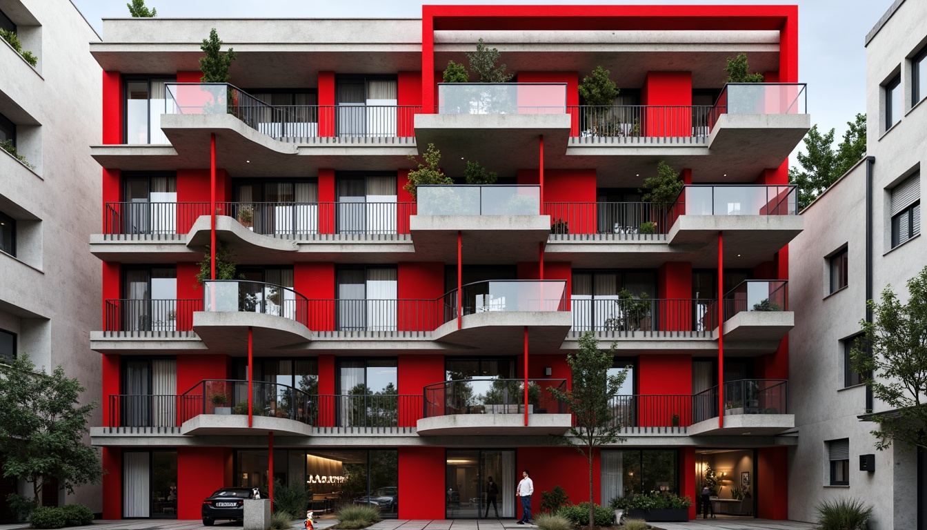 Prompt: Geometric apartment building, constructivist facade, bold red accents, industrial metal frames, rectangular windows, minimalist balconies, urban cityscape, concrete textures, brutalist architecture, functional design, modernist influences, abstract patterns, monochromatic color scheme, dramatic shadows, high-contrast lighting, 1/1 composition, symmetrical framing, realistic materials, ambient occlusion.