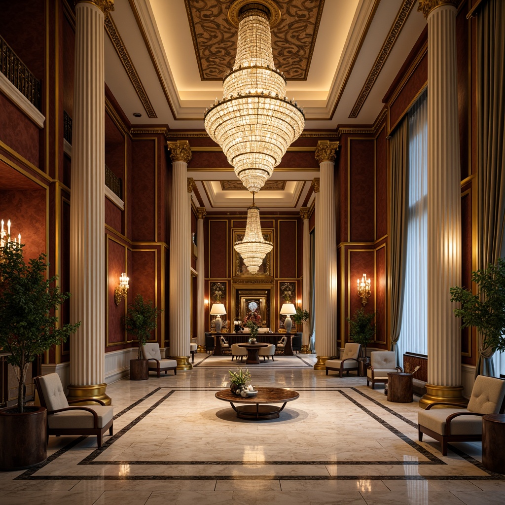 Prompt: Elegant hotel lobby, grand chandelier, marble flooring, ornate columns, luxurious furnishings, velvet drapes, golden accents, intricate moldings, symmetrical layout, spacious high ceiling, crystal sconces, rich wood paneling, comfortable seating areas, warm ambient lighting, shallow depth of field, 1/1 composition, realistic textures, soft focus effect.