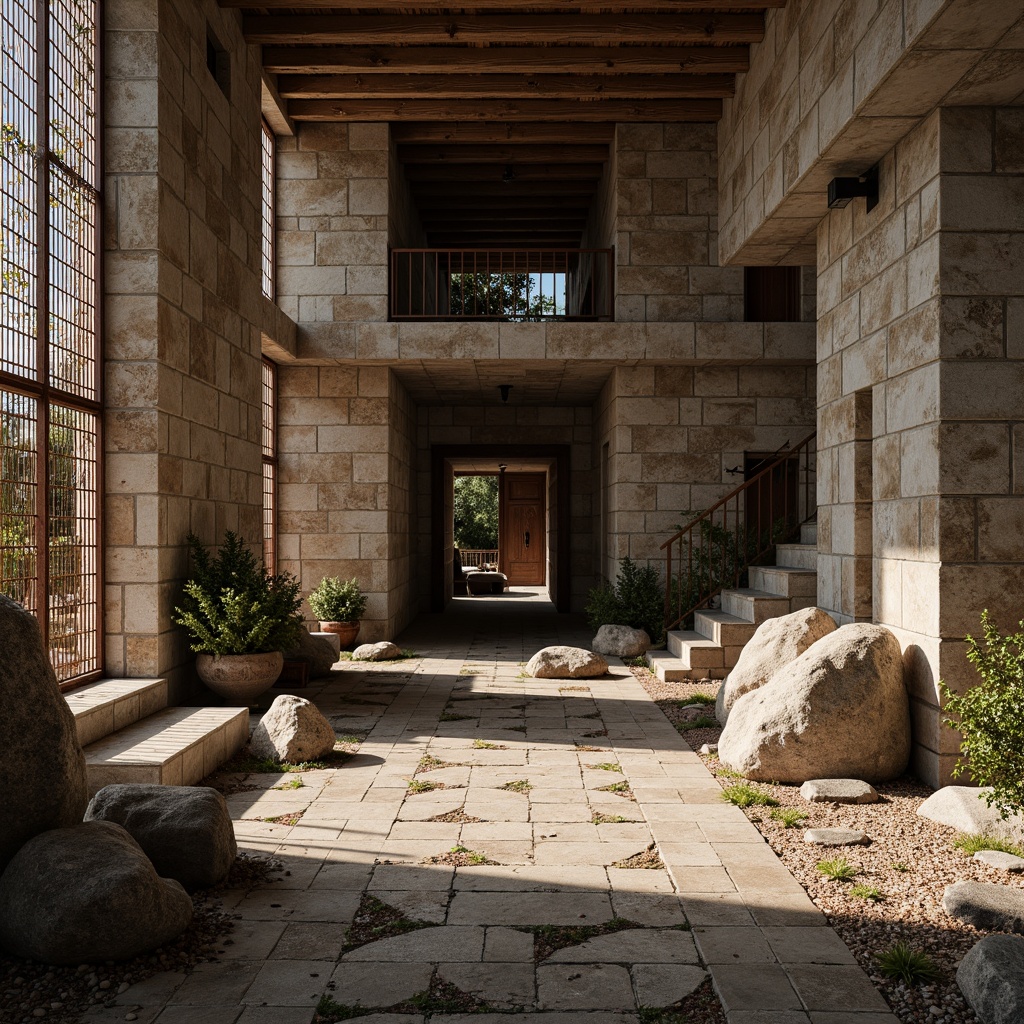 Prompt: Rough stone walls, weathered wooden planks, rusty metal grills, smooth concrete floors, intricate tile mosaics, natural rock formations, earthy terrain, organic shapes, brutalist architecture, industrial chic aesthetic, dramatic shadows, warm ambient lighting, shallow depth of field, 1/1 composition, realistic textures, ambient occlusion.