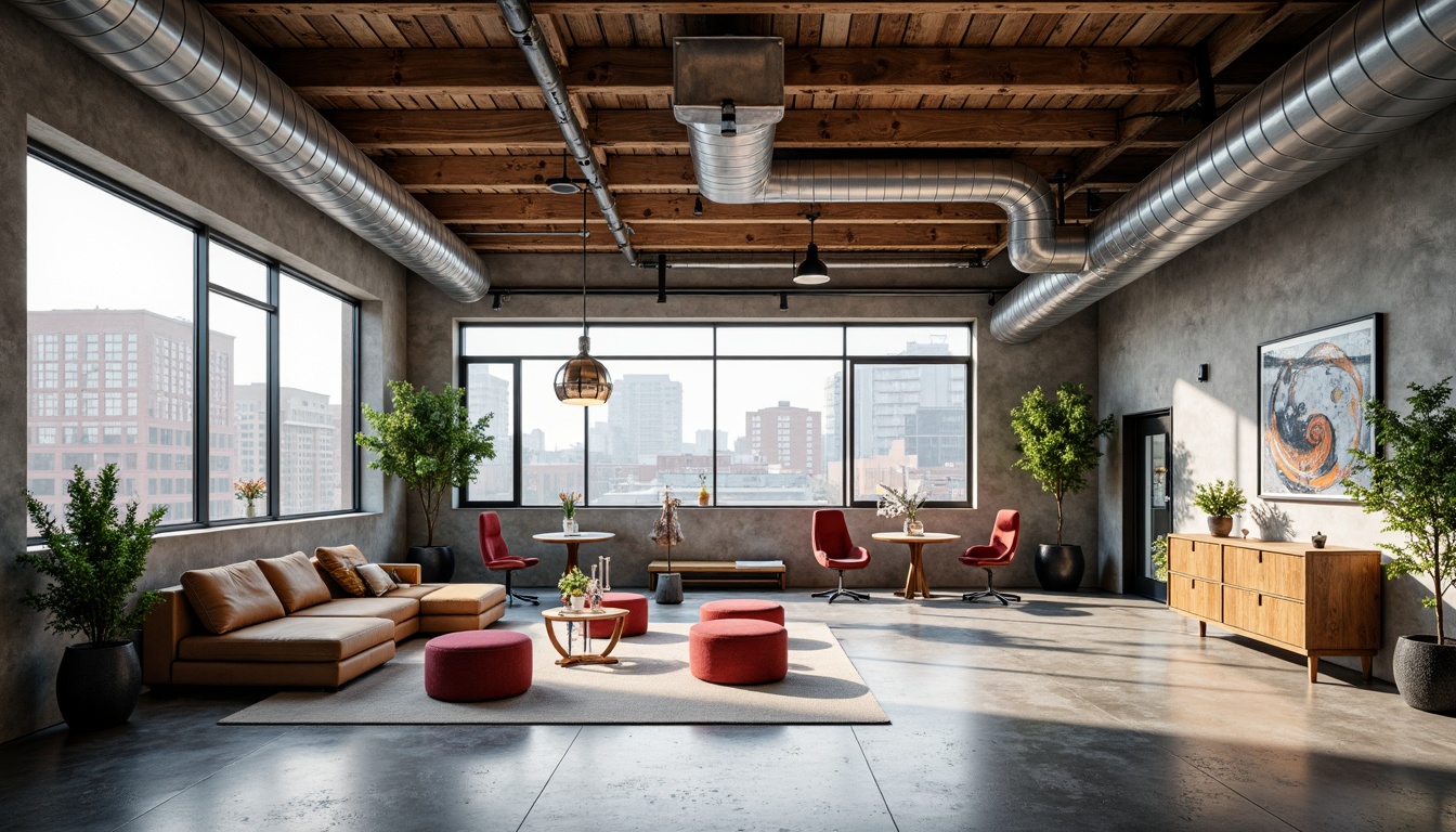 Prompt: Exposed ductwork, industrial pipes, reclaimed wood accents, metal beams, concrete floors, brick walls, large windows, skylights, open floor plans, minimalist decor, functional spaces, eclectic furniture, vintage decorative items, bold color schemes, abstract artwork, urban cityscape views, natural light pouring in, high ceilings, airy atmosphere, 3/4 composition, shallow depth of field, realistic textures, ambient occlusion.