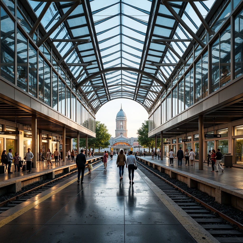 Prompt: Vibrant train station, large glass roofs, clerestory windows, transparent canopies, open atriums, minimalist columns, sleek metal beams, polished concrete floors, modern architecture, abundant natural light, soft warm ambiance, shallow depth of field, 3/4 composition, panoramic view, realistic textures, ambient occlusion, bustling atmosphere, rush hour scenes, urban landscape, city skyline, morning sunlight, afternoon glow, evening twilight.