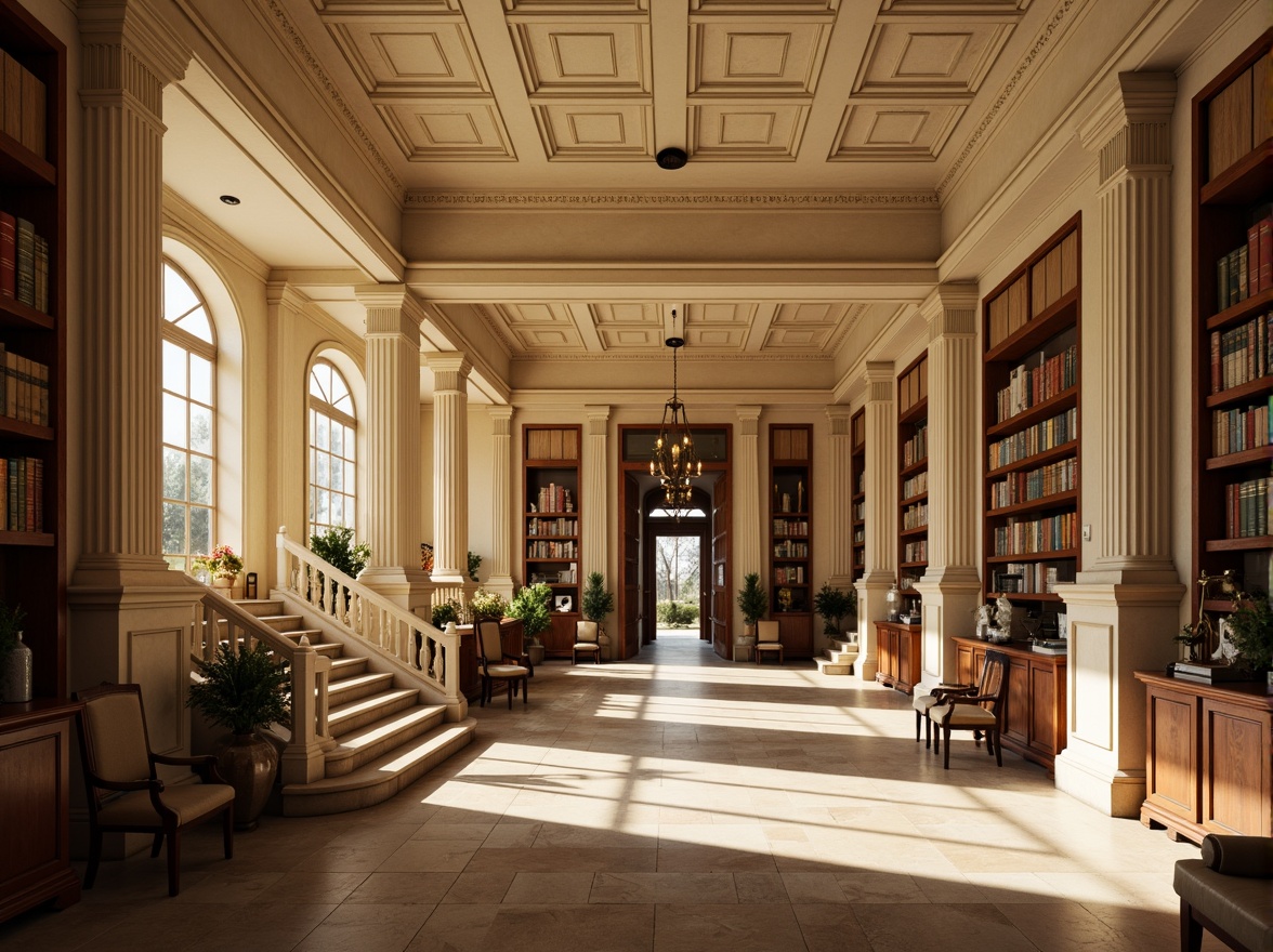 Prompt: Elegant research center, neoclassical architecture, cream-colored stone facades, ornate columns, grand entrance halls, sweeping staircases, rich wood paneling, leather-bound tomes, vintage scientific instruments, warm golden lighting, soft focus, shallow depth of field, 2/3 composition, symmetrical framing, realistic textures, subtle ambient occlusion.