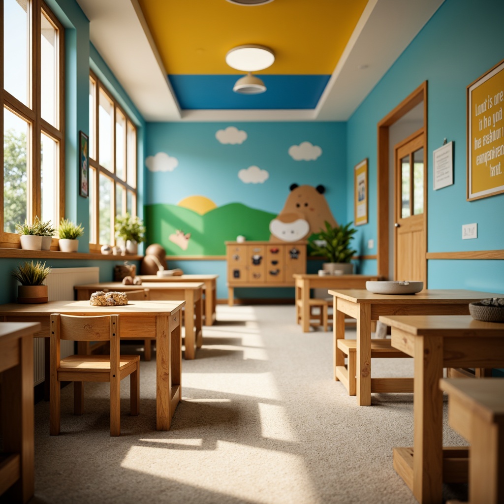 Prompt: Vibrant elementary school, playful kindergarten, bright corridors, educational murals, colorful lockers, wooden desks, green chalkboards, inspirational quotes, motivational posters, soft carpeted floors, natural wood accents, earthy tone walls, calming blue ceilings, warm yellow lighting, shallow depth of field, 1/1 composition, realistic textures, ambient occlusion.