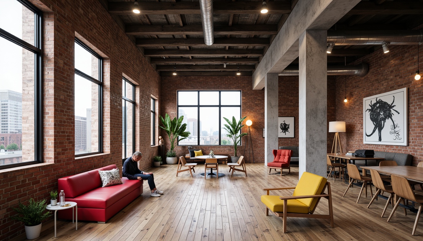 Prompt: Exposed brick walls, industrial metal beams, reclaimed wood floors, minimalist decor, abundant natural light, airy open spaces, eclectic furniture mix, vintage decorative items, urban cityscape views, concrete columns, steel windows, modern art pieces, abstract sculptures, bold colorful accents, high ceilings, functional modular layout, flexible living areas, cozy reading nooks, warm atmospheric lighting, shallow depth of field, 1/1 composition, realistic textures, ambient occlusion.