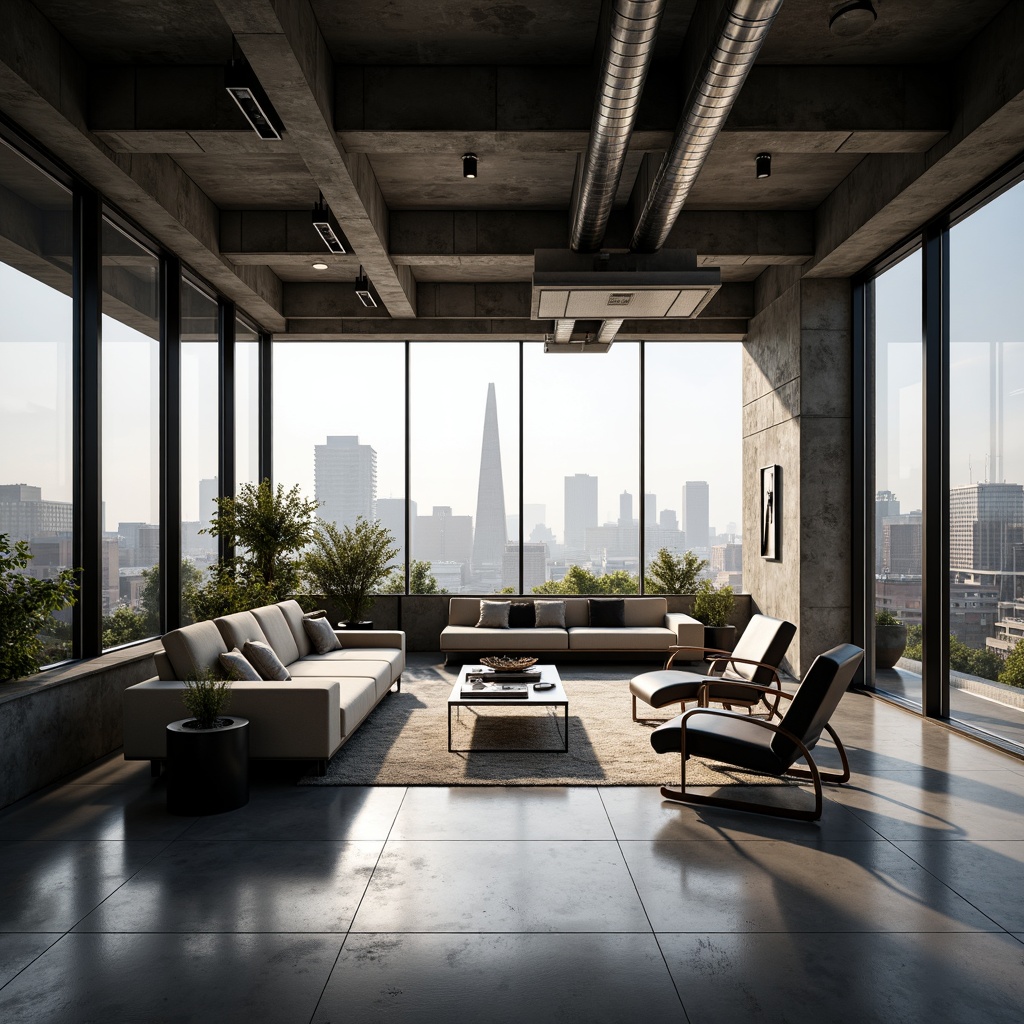 Prompt: Luxurious penthouse, constructivist architecture, industrial chic decor, exposed ductwork, polished concrete floors, floor-to-ceiling windows, panoramic city views, minimalist furnishings, sleek metal accents, geometric patterns, urban skyline, dramatic lighting, high-contrast shadows, 1/1 composition, low-angle shot, cinematic atmosphere, realistic reflections, ambient occlusion.