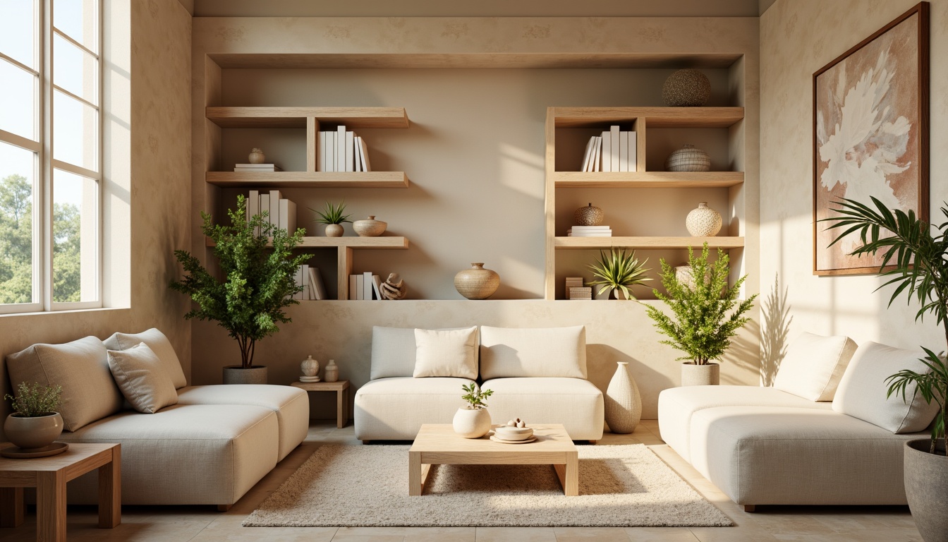 Prompt: Muted earthy tones, soft pastel hues, calming beige walls, natural wood accents, plush greenery, creamy whites, warm golden lighting, cozy reading nooks, comfortable seating areas, minimalist decor, subtle texture contrasts, organic shapes, serene atmosphere, shallow depth of field, 1/1 composition, realistic renderings, ambient occlusion.