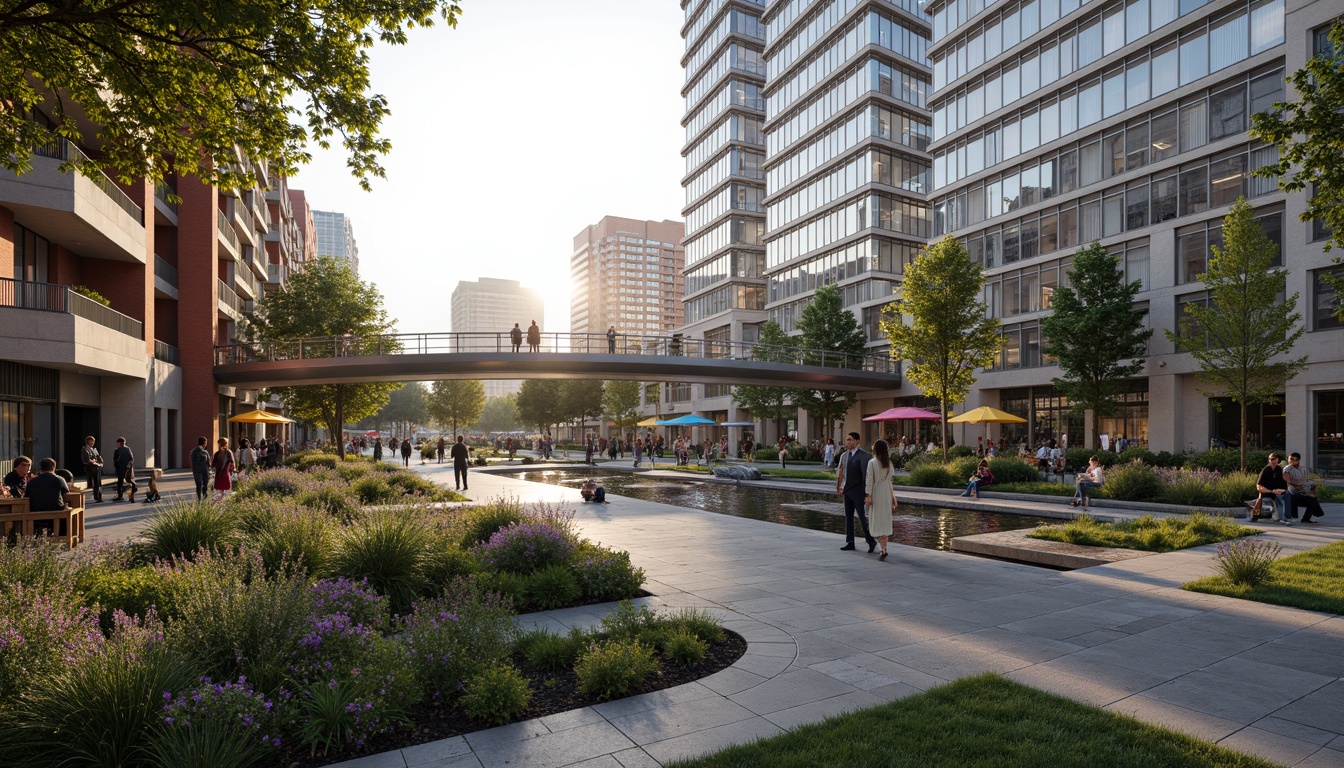 Prompt: Curved pedestrian bridge, sleek metal railings, modernist architecture, urban cityscape, vibrant street art, bustling streets, morning sunlight, soft warm lighting, shallow depth of field, 3/4 composition, panoramic view, realistic textures, ambient occlusion, integrated landscaping, lush greenery, blooming flowers, natural stone walkways, water features, reflecting pools, modern street furniture, innovative urban design, sustainable materials, eco-friendly infrastructure.