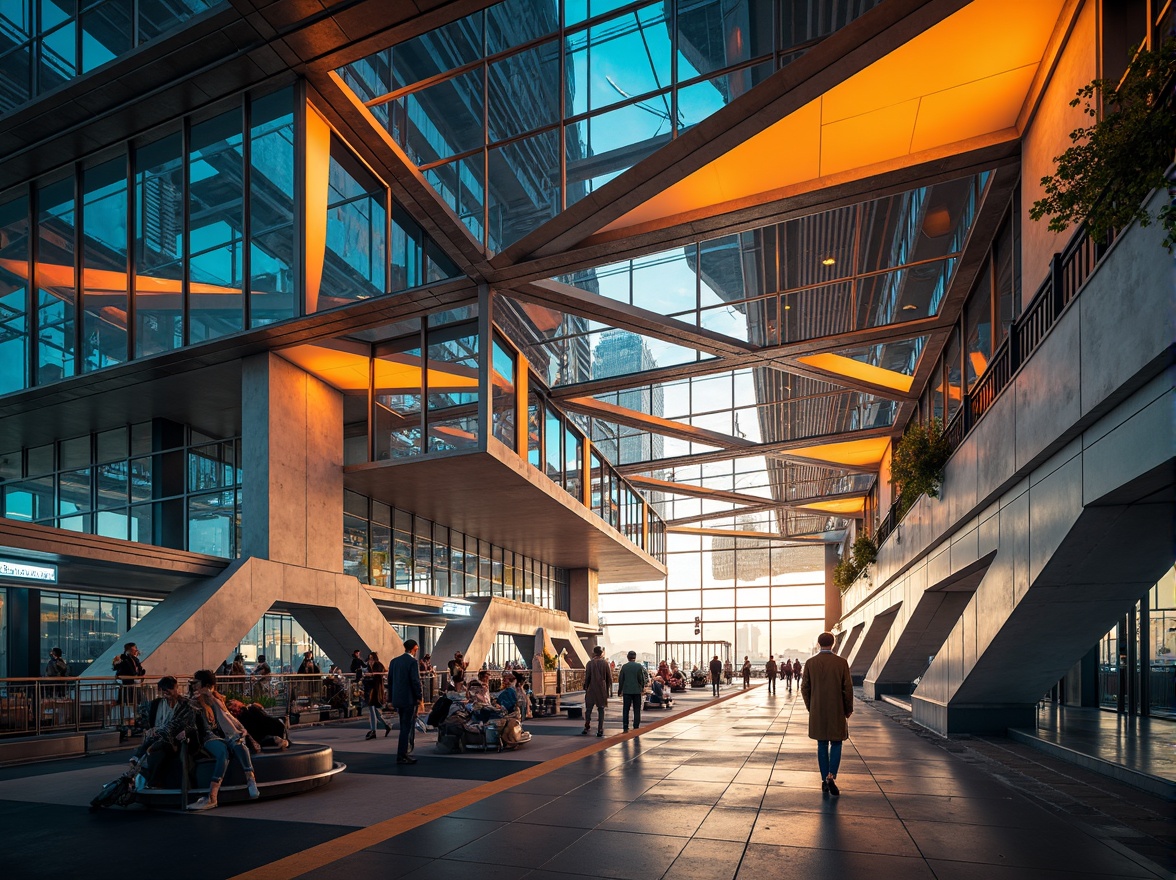 Prompt: Vibrant airport terminal, futuristic architecture, metallic surfaces, reflective glass facades, angular lines, neon lights, dynamic shapes, industrial materials, distressed concrete textures, exposed ductwork, urban cityscape, bustling atmosphere, warm golden lighting, shallow depth of field, 3/4 composition, panoramic view, realistic reflections, ambient occlusion.