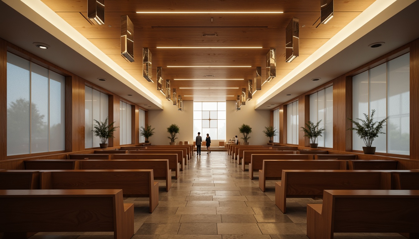 Prompt: Minimalist church interior, sleek modern architecture, clean lines, monochromatic color scheme, subtle ambient lighting, warm LED strips, recessed ceiling lights, suspended pendant lamps, polished chrome fixtures, frosted glass diffusers, natural stone flooring, wooden pews, stained glass windows, soft warm glow, 1/1 composition, shallow depth of field, realistic textures, ambient occlusion.