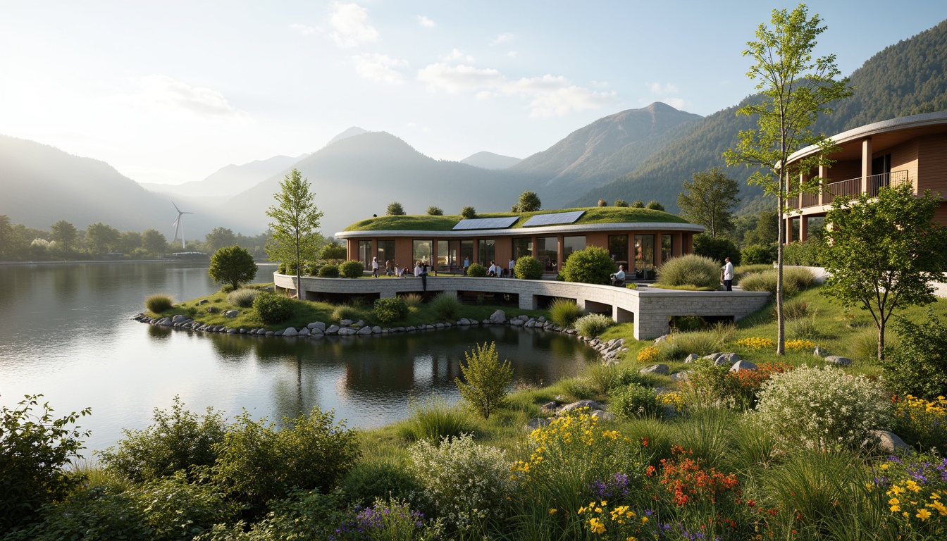 Prompt: Eco-friendly buildings, green roofs, solar panels, wind turbines, water conservation systems, sustainable materials, organic curves, natural stone walls, lush vegetation, serene lakeside, misty mountains, vibrant wildflowers, warm sunny day, soft diffused lighting, shallow depth of field, 3/4 composition, panoramic view, realistic textures, ambient occlusion.