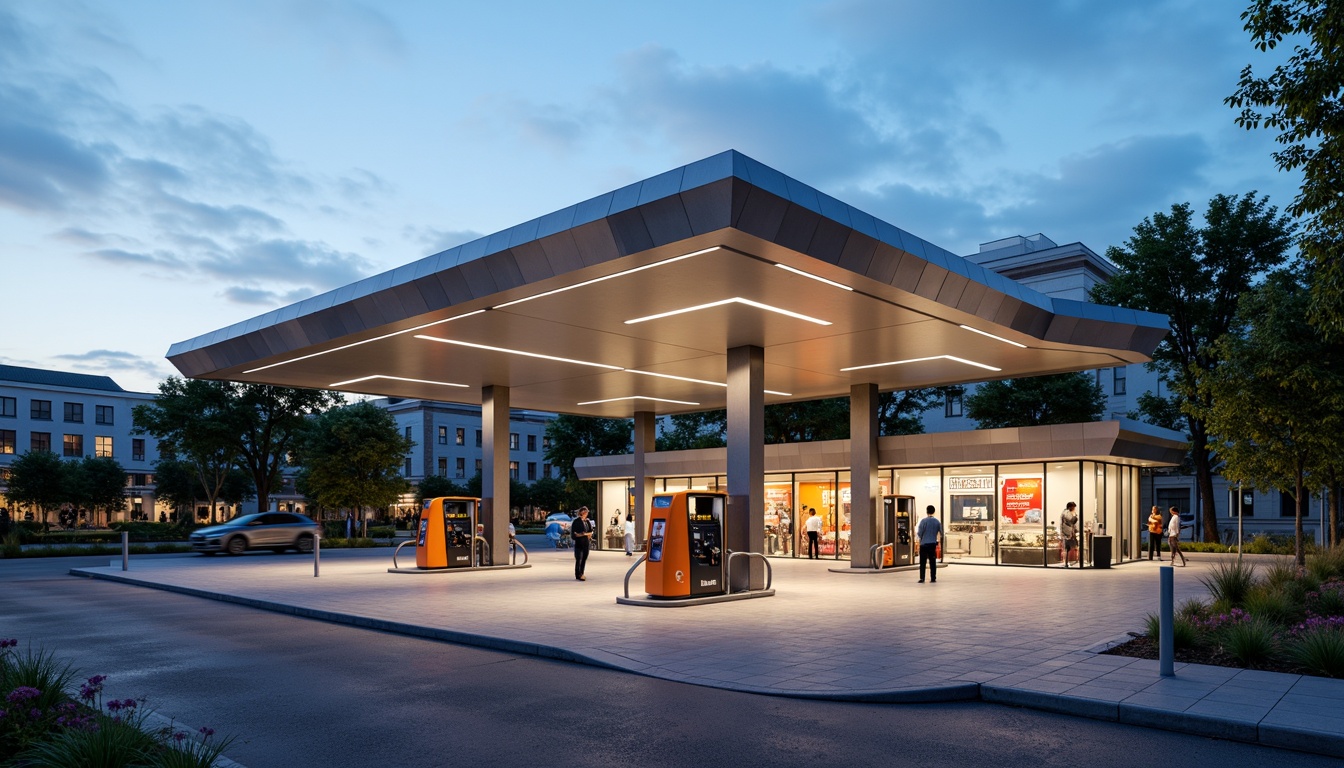 Prompt: Modern gas station, sleek metal canopy, LED lighting, futuristic fuel pumps, angular lines, minimalist design, spacious forecourt, asphalt pavement, urban landscape, busy street scene, morning sunlight, soft warm glow, shallow depth of field, 3/4 composition, panoramic view, realistic textures, ambient occlusion, convenient store entrance, large windows, glass doors, vibrant advertising signs, efficient customer flow, easy parking access, wheelchair accessibility, safety cameras, nighttime security lighting.