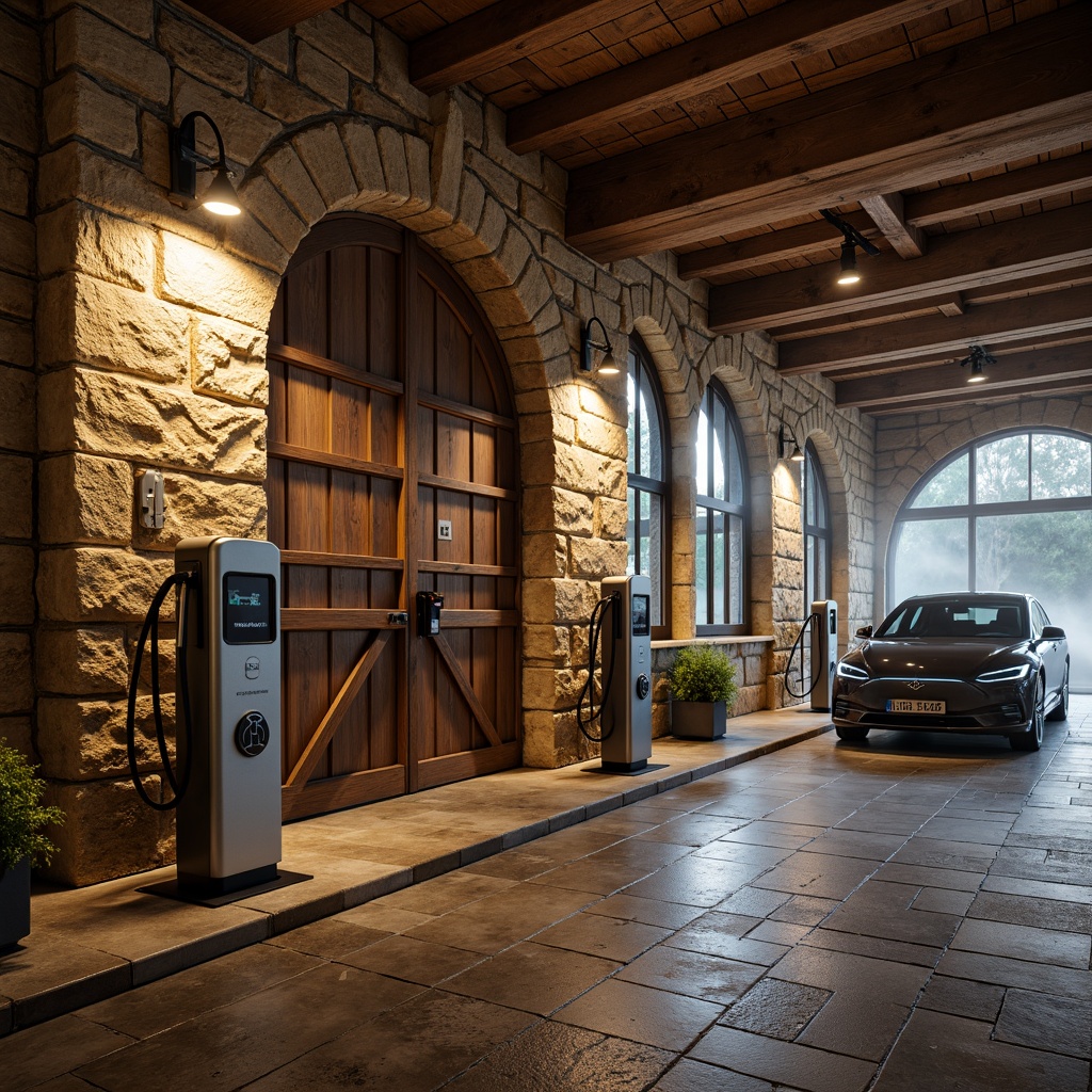 Prompt: Rustic charging station, stone walls, arched windows, heavy wooden doors, ornate metalwork, intricate carvings, earthy tones, natural stone flooring, exposed brick ceilings, industrial-style lighting fixtures, modern electric vehicle chargers, sleek metallic surfaces, futuristic digital displays, ambient warm lighting, shallow depth of field, 1/1 composition, realistic textures, atmospheric fog effects.