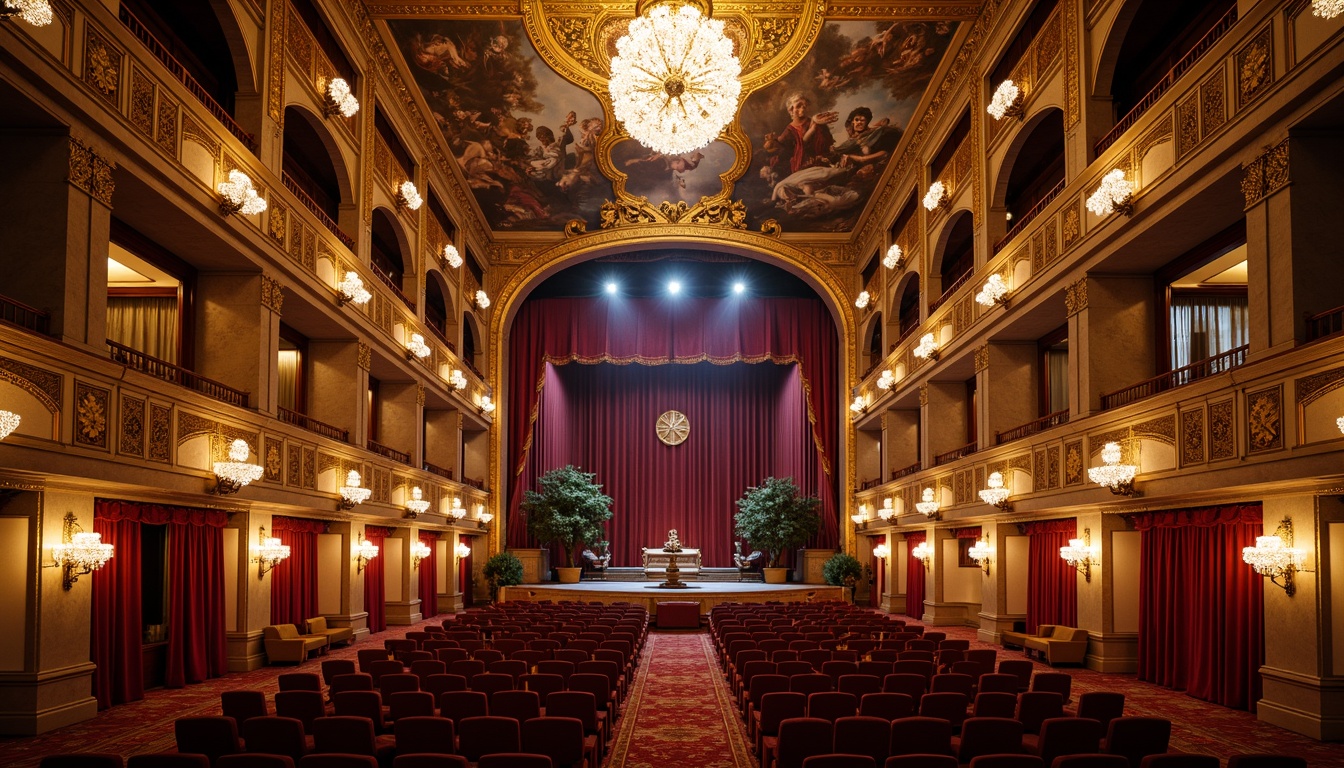 Prompt: Grand opera house, ornate details, rich velvet curtains, gilded moldings, marble columns, intricate frescoes, crystal chandeliers, luxurious red carpets, golden balconies, neoclassical arches, symmetrical composition, dramatic spotlights, warm soft lighting, shallow depth of field, 1/1 composition, realistic textures, ambient occlusion.