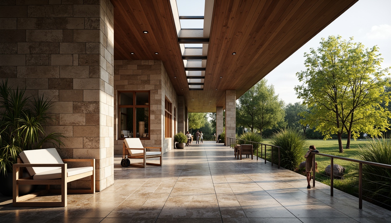 Prompt: Rustic stone walls, smooth wooden accents, rough-hewn granite floors, sleek metal railings, vibrant greenery, natural light pouring through clerestory windows, modern minimalist architecture, bold geometric shapes, contrasting textures, earthy color palette, warm ambient lighting, shallow depth of field, 1/1 composition, realistic render, atmospheric perspective.