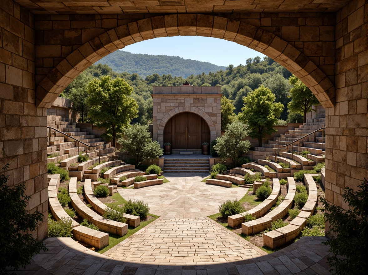 Prompt: Grand amphitheater, tiered seating, rustic stone walls, weathered wooden benches, vibrant greenery, lush foliage, natural rock formations, dramatic arches, grandiose entrance, ornate metal railings, warm golden lighting, soft shadows, high contrast textures, rough stone floors, smooth wooden surfaces, dynamic angular lines, symmetrical composition, 1/2 frame division, atmospheric perspective, realistic material rendering.