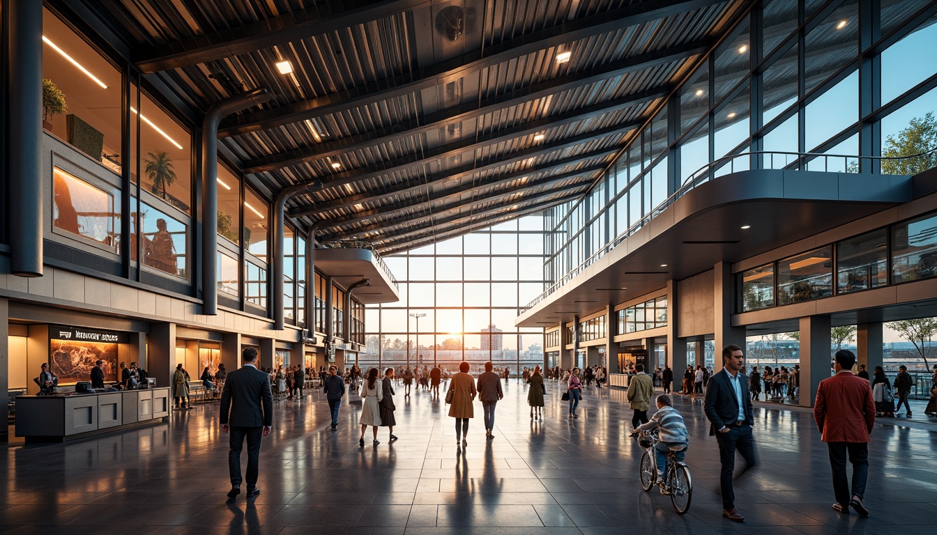 Prompt: Vibrant airport terminal, futuristic architecture, metallic surfaces, reflective glass facades, angular lines, neon lights, dynamic shapes, industrial materials, distressed concrete textures, exposed ductwork, urban cityscape, bustling atmosphere, warm golden lighting, shallow depth of field, 3/4 composition, panoramic view, realistic reflections, ambient occlusion.