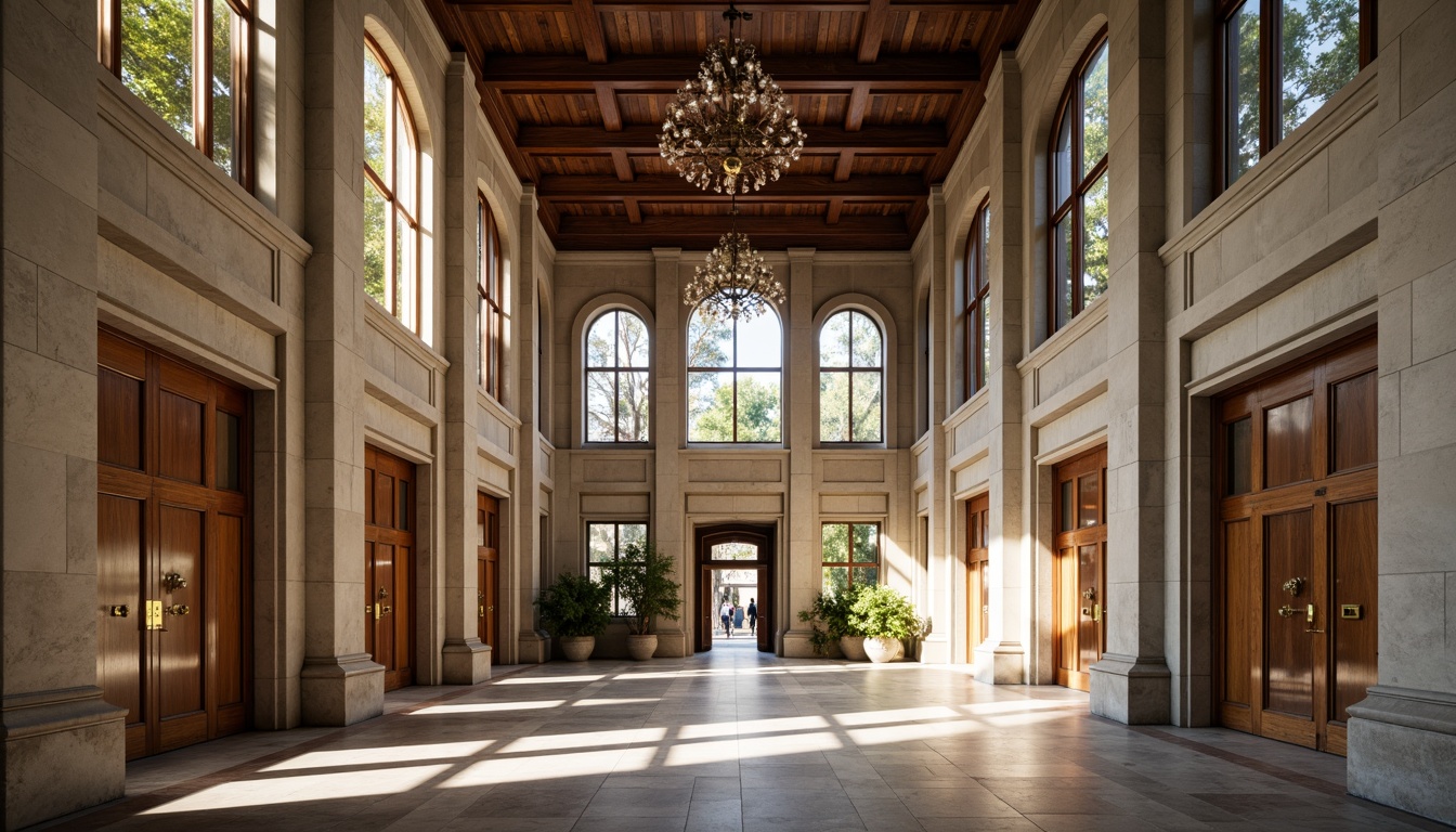 Prompt: Elegant university building, neoclassical facade, limestone walls, granite columns, ornate details, wooden doors, bronze hardware, stained glass windows, high ceilings, marble floors, intricate moldings, subtle color palette, natural light, soft warm lighting, shallow depth of field, 1/1 composition, symmetrical view, realistic textures, ambient occlusion.