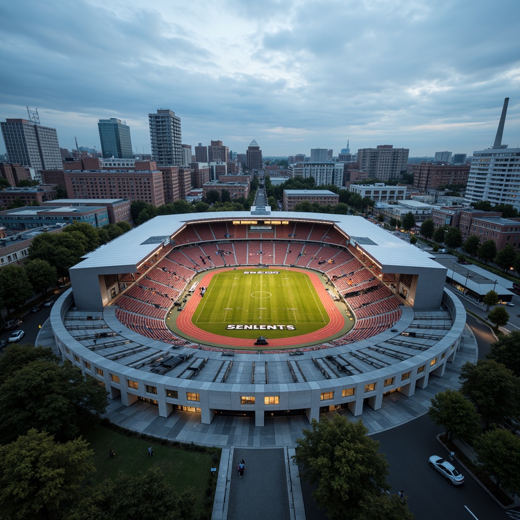 Prompt: Functional stadium layout, asymmetrical fa\u00e7ade, rectangular shapes, industrial materials, exposed ductwork, minimalist aesthetics, open circulation spaces, cantilevered roofs, geometric patterns, bold color schemes, athletic track, football field, spectator seating, modernist architecture, urban landscape, cloudy sky, dramatic lighting, high contrast, 1/2 composition, wide-angle lens, realistic textures, ambient occlusion.