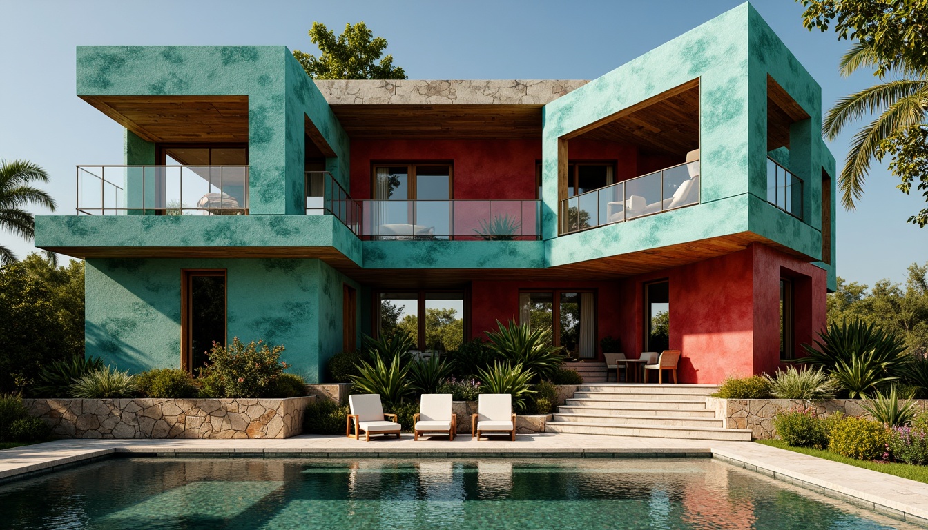 Prompt: Deconstructed villa, fragmented forms, irregular shapes, bold color contrasts, vibrant turquoise, deep crimson, rich gold, weathered wood accents, rough stone textures, metallic sheen, abstract patterns, geometric mosaics, futuristic ambiance, dramatic lighting effects, high-contrast shadows, cinematic composition, wide-angle lens, shallow depth of field, 2.35