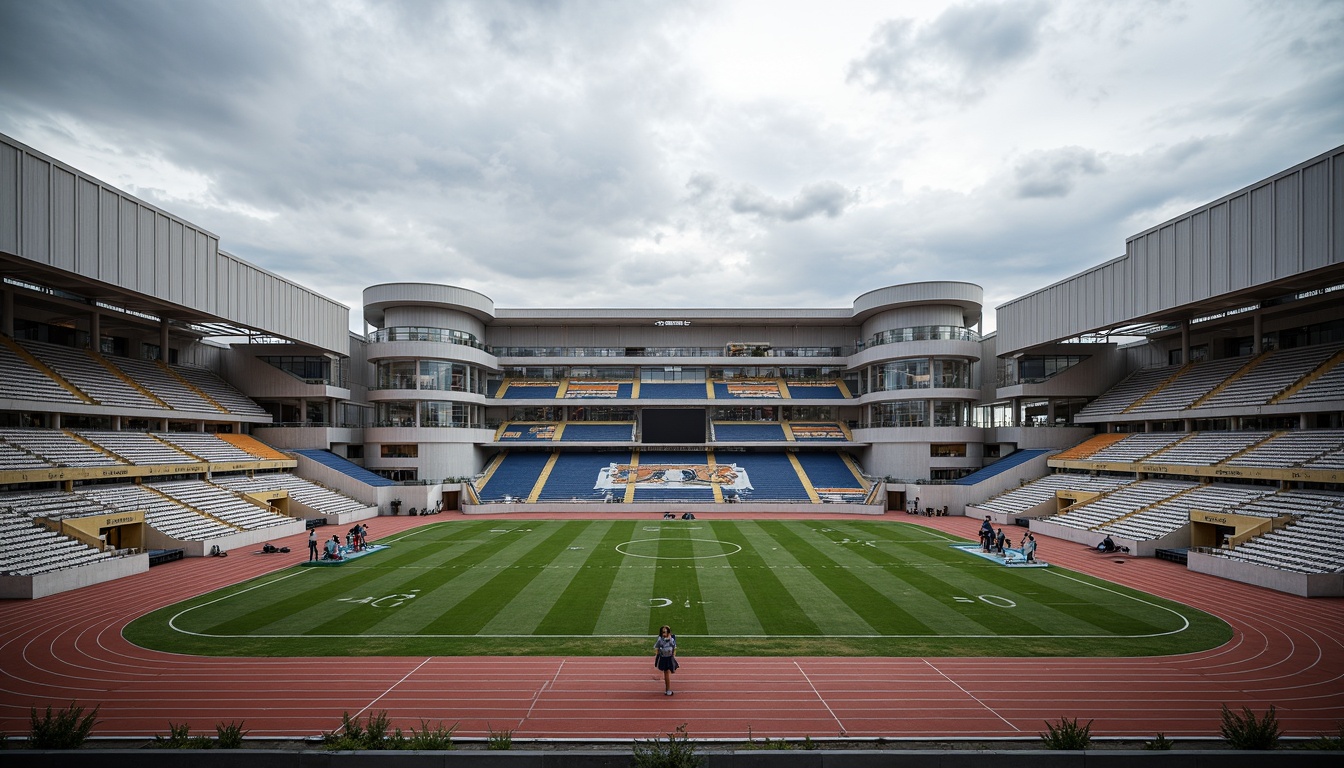 Prompt: Functional stadium layout, asymmetrical fa\u00e7ade, rectangular shapes, industrial materials, exposed ductwork, minimalist aesthetics, open circulation spaces, cantilevered roofs, geometric patterns, bold color schemes, athletic track, football field, spectator seating, modernist architecture, urban landscape, cloudy sky, dramatic lighting, high contrast, 1/2 composition, wide-angle lens, realistic textures, ambient occlusion.