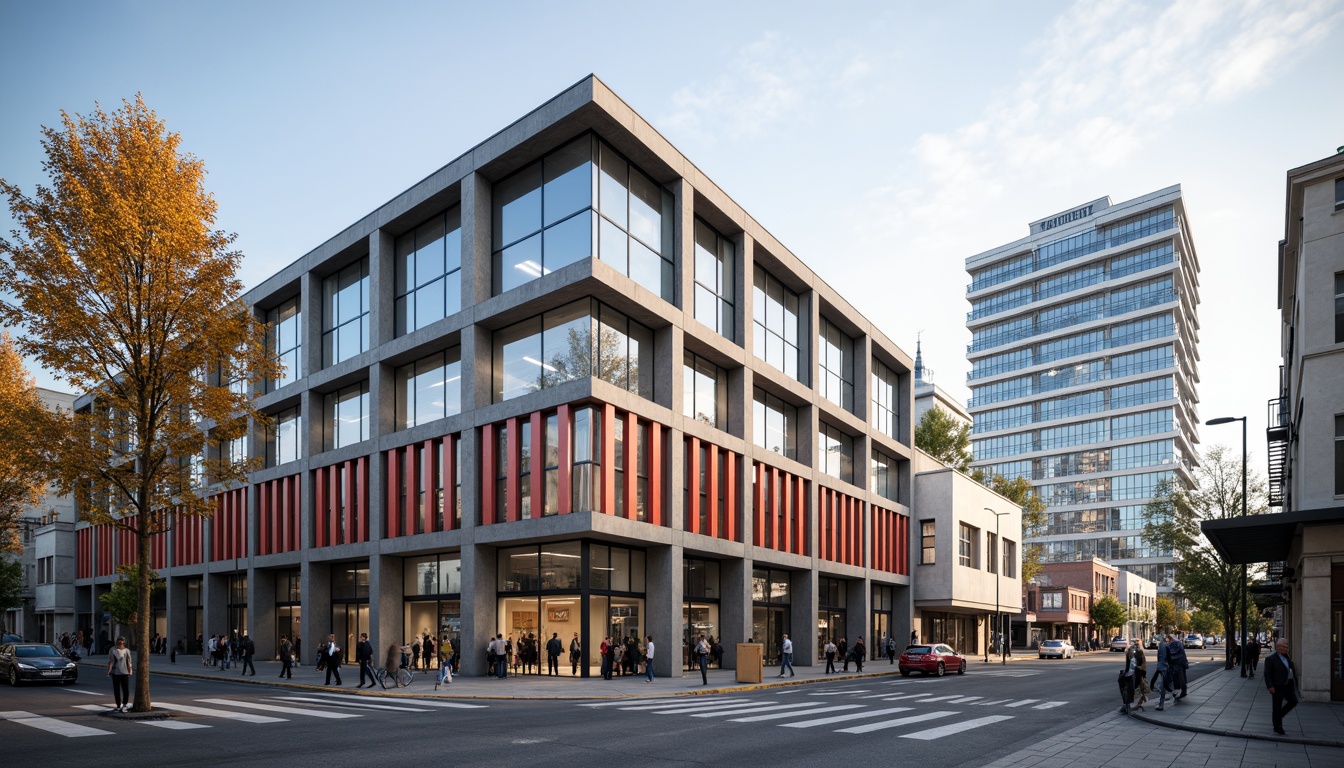 Prompt: Clean minimalist facades, rectangular forms, industrial materials, steel frames, large glass windows, functional simplicity, geometric shapes, primary color accents, bold typography, modernist architecture, urban cityscape, busy street scene, morning sunlight, soft shadows, shallow depth of field, 1/1 composition, realistic textures, ambient occlusion.