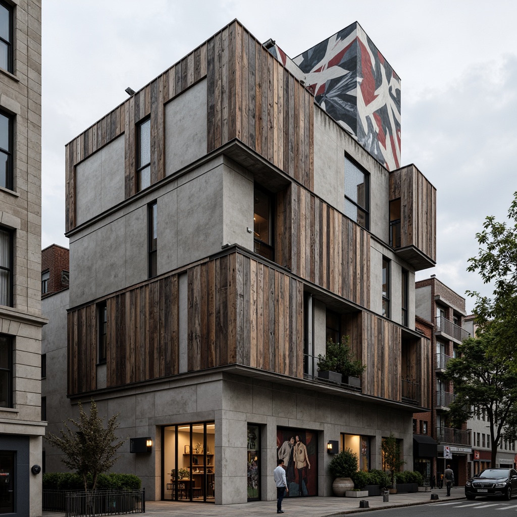 Prompt: Rustic constructivist building, exposed concrete walls, rough stone textures, metallic accents, industrial pipes, reclaimed wood planks, distressed finishes, brutalist fa\u00e7ade, geometric patterns, abstract murals, urban cityscape, overcast sky, dramatic shadows, high-contrast lighting, 1/1 composition, symmetrical framing, realistic renderings, ambient occlusion.