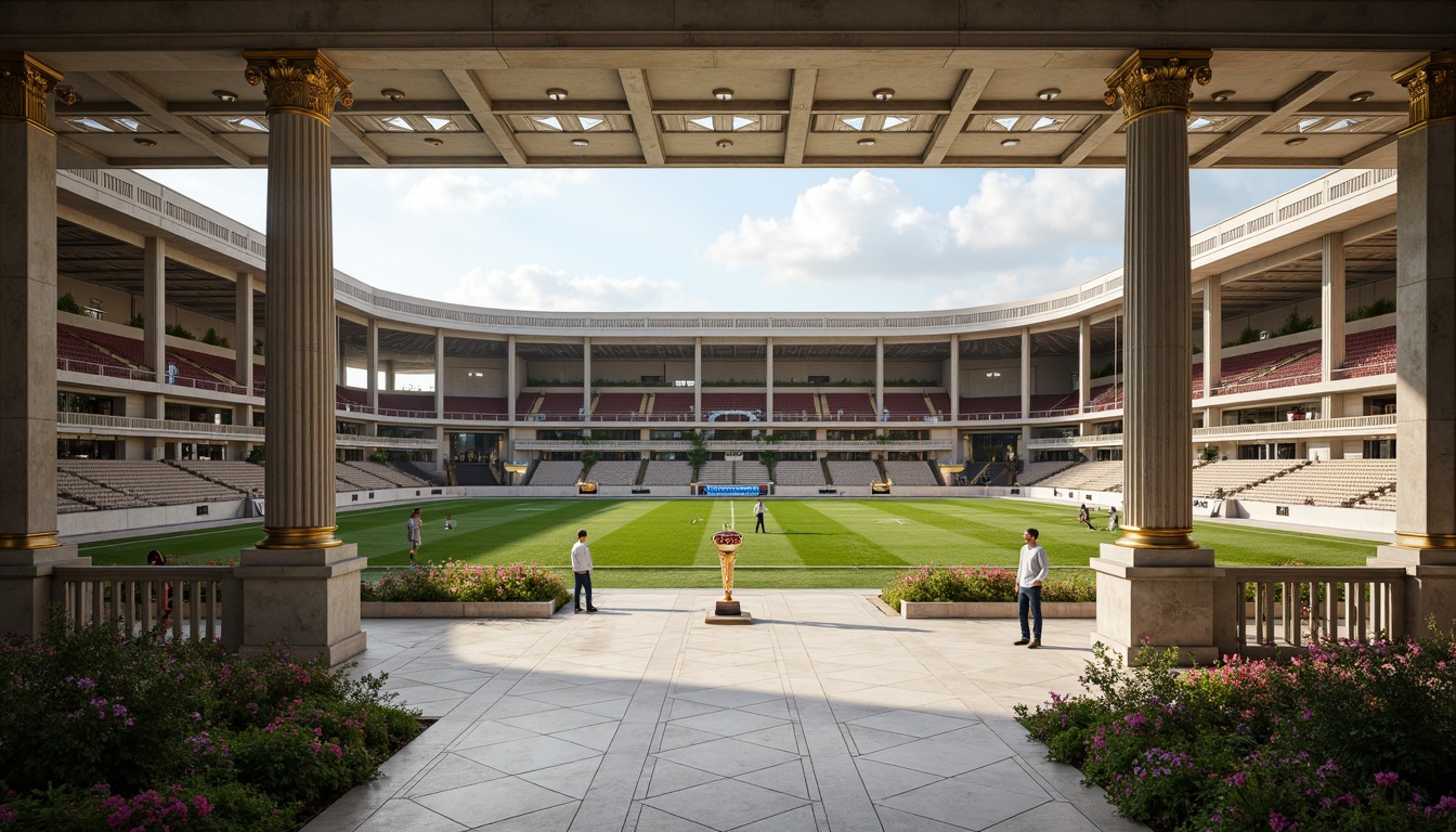 Prompt: Grandiose neoclassical stadium, symmetrical fa\u00e7ade, ornate columns, arches, domed roof, marble flooring, intricate moldings, golden accents, regal atmosphere, lush greenery, vibrant flowers, athletic tracks, football fields, soccer goals, Olympic torch, grandstands, tiered seating, VIP boxes, luxurious amenities, natural stone walls, classical sculptures, monumental entrance, dramatic lighting, low-angle shot, 1/2 composition, realistic textures, ambient occlusion.