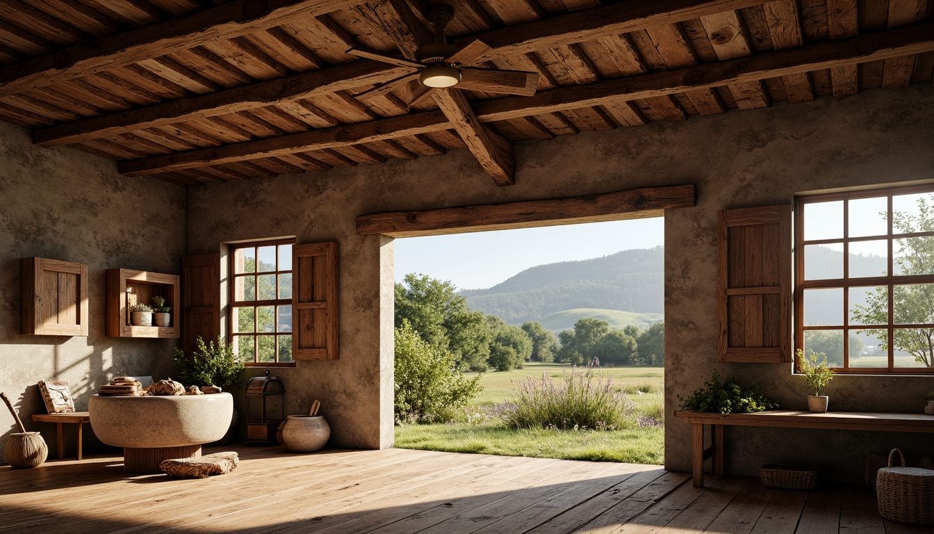 Prompt: Rustic barn, wooden beams, vintage farm tools, natural stone walls, earthy tones, soft warm lighting, large windows, wooden shutters, ornate metal hinges, distressed wood textures, rural landscape, rolling hills, green pastures, wildflowers, sunny day, shallow depth of field, 3/4 composition, panoramic view, realistic textures, ambient occlusion.