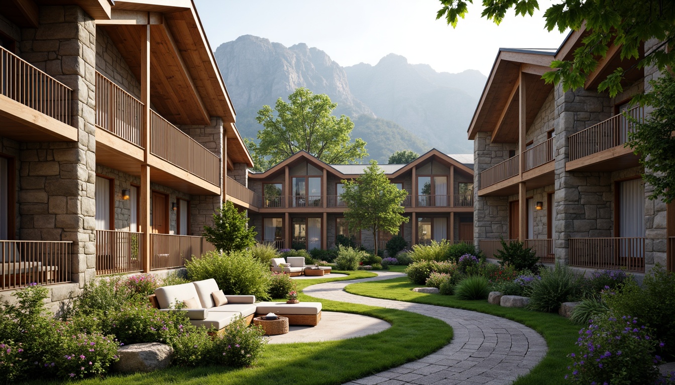 Prompt: Cozy dormitory, natural stone walls, wooden accents, lush greenery, vibrant flowers, private balconies, outdoor seating areas, rustic metal railings, earthy color palette, warm soft lighting, shallow depth of field, 3/4 composition, panoramic view, realistic textures, ambient occlusion, mountainous backdrop, serene atmosphere, eco-friendly materials, sustainable design elements, organic shapes, curved lines, minimalist decor, comfortable furnishings, plush carpets, nature-inspired artwork.