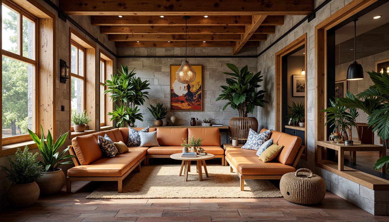 Prompt: Vibrant eclectic interior, reclaimed wood accents, natural stone walls, earthy color palette, woven textiles, rattan furniture, macrame details, potted plants, industrial metal beams, exposed brick, distressed finishes, warm ambient lighting, soft shadows, 1/1 composition, shallow depth of field, realistic textures, ambient occlusion.