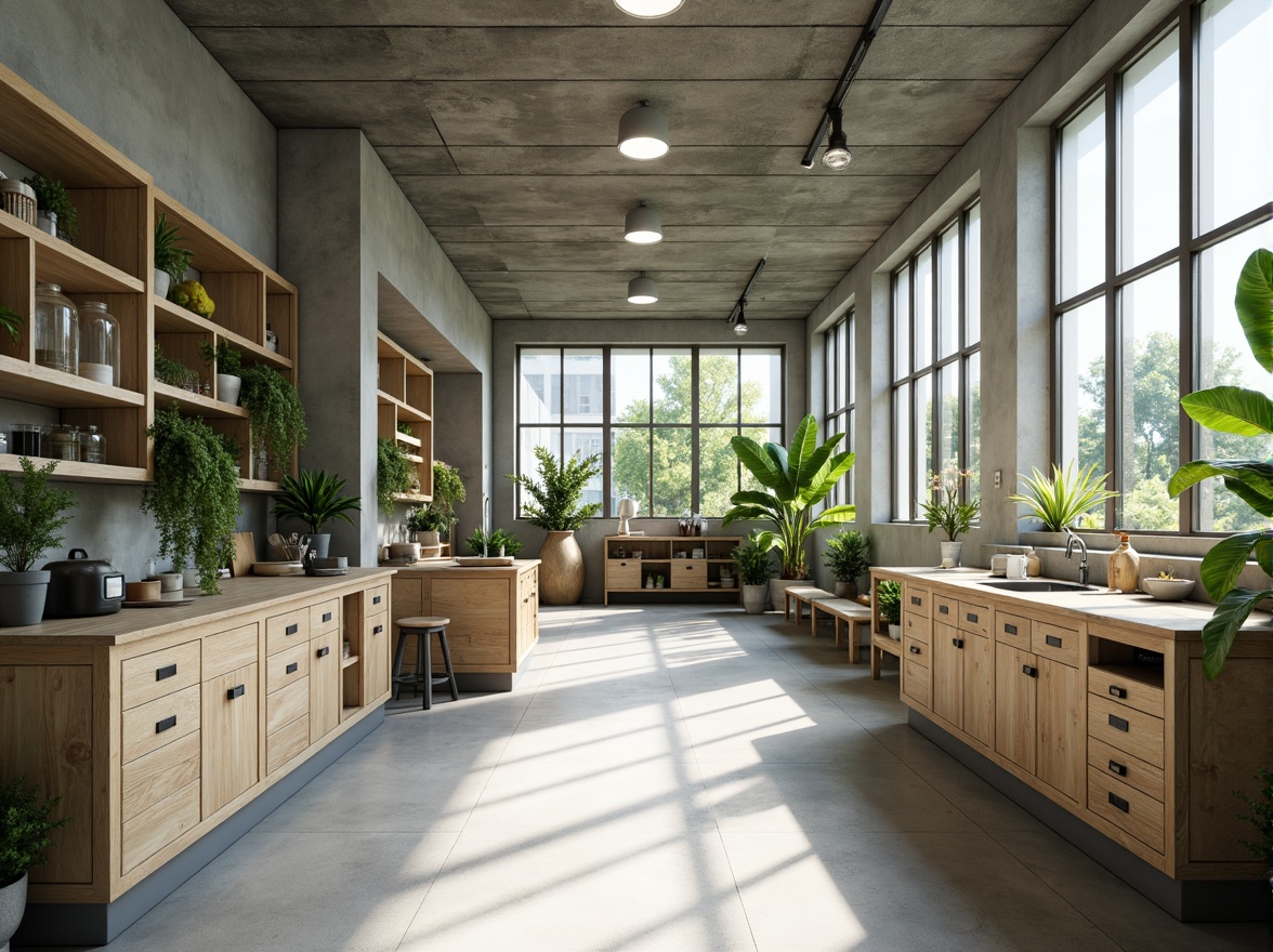 Prompt: Minimalist laboratory interior, eco-friendly materials, recycled countertops, energy-efficient lighting, natural ventilation systems, green walls, living plants, reclaimed wood furniture, simple geometric shapes, industrial chic aesthetic, monochromatic color scheme, abundant natural light, soft diffused shadows, 1/1 composition, shallow depth of field, realistic textures, ambient occlusion.