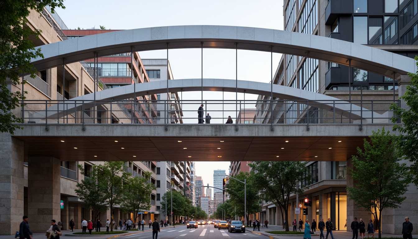 Prompt: Modern pedestrian bridge, sleek steel arches, durable concrete piers, weathered wood decking, stainless steel railings, minimalist lighting fixtures, urban cityscape, busy street traffic, vibrant greenery, natural stone abutments, cantilevered walkways, suspension cables, dynamic structural systems, innovative materials, sustainable design, eco-friendly construction, warm ambient lighting, shallow depth of field, 3/4 composition, panoramic view, realistic textures, ambient occlusion.