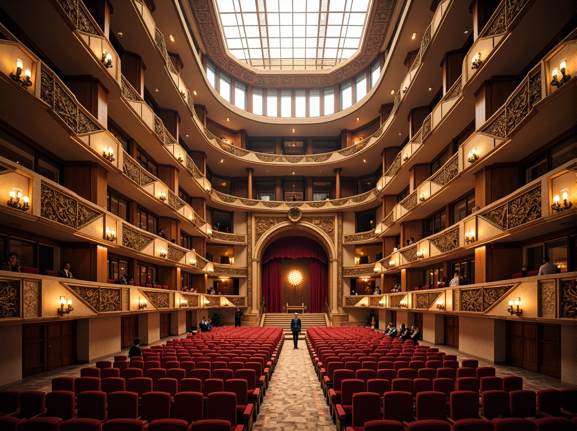 Prompt: Grand opera house, sweeping curves, ornate details, rich wood tones, velvet drapes, golden accents, majestic chandeliers, natural stone walls, grand staircase, intricate carvings, soft warm lighting, diffused sunlight, clerestory windows, high ceilings, dramatic shadows, 1/1 composition, symmetrical framing, realistic textures, ambient occlusion.