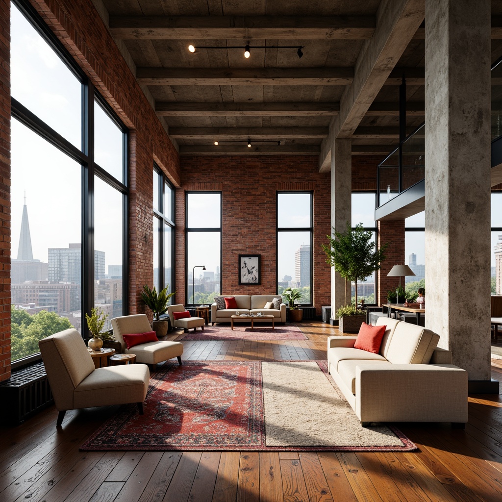 Prompt: Exposed brick walls, industrial metal beams, reclaimed wood floors, minimalist decor, abundant natural light, airy open spaces, eclectic furniture mix, vintage decorative items, urban cityscape views, concrete columns, steel windows, modern art pieces, abstract sculptures, bold colorful accents, high ceilings, functional modular layout, flexible living areas, cozy reading nooks, warm atmospheric lighting, shallow depth of field, 1/1 composition, realistic textures, ambient occlusion.