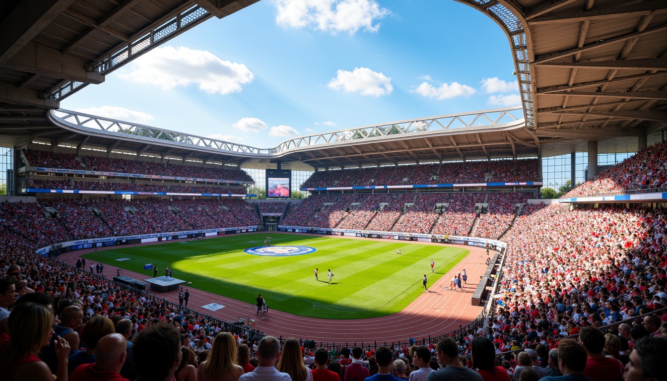 Prompt: Vibrant sports stadium, energetic crowd, bold team colors, dynamic LED lighting, sleek modern architecture, angular lines, metallic materials, concrete structures, lush green grass, athletic tracks, scoreboards, giant video screens, sunny day, warm atmosphere, shallow depth of field, 3/4 composition, panoramic view, realistic textures, ambient occlusion.