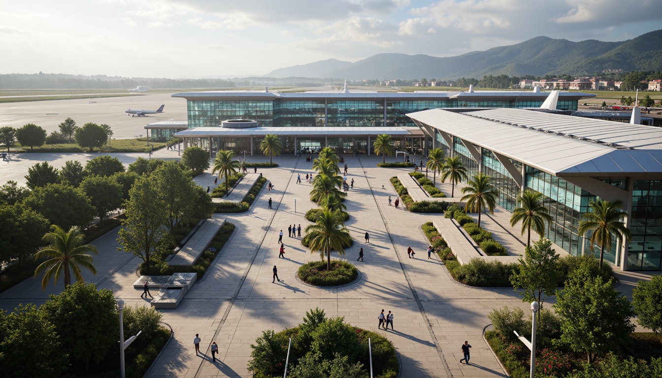 Prompt: Aerial cityscape, bustling airport terminal, modern structuralist architecture, sleek glass fa\u00e7ades, angular steel beams, cantilevered roofs, vibrant LED lighting, dynamic pedestrian walkways, lush greenery, tropical palm trees, natural stone flooring, panoramic views, shallow depth of field, 3/4 composition, realistic textures, ambient occlusion, warm sunny day, soft diffused light, misty atmosphere, aircraft taxiing, jetway bridges, air traffic control towers, radar systems, windsocks, apron areas, baggage claim carousels.